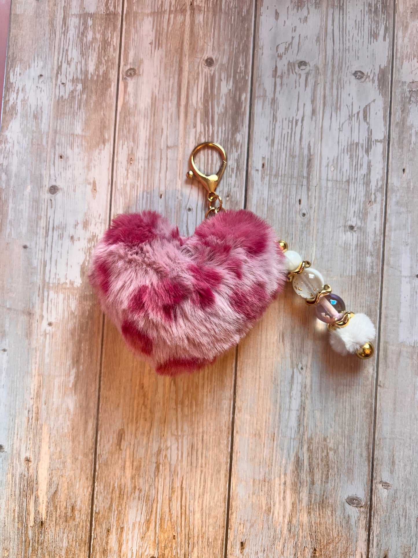 Faux Fur Heart Keychain with Beaded Charm