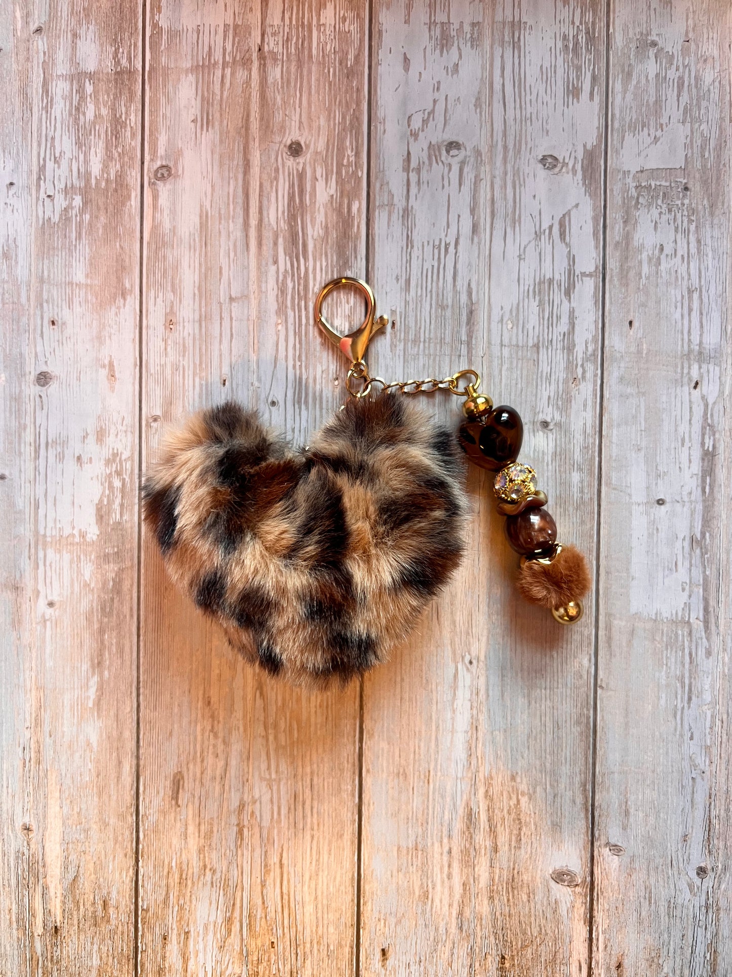 Faux Fur Heart Keychain with Beaded Charm